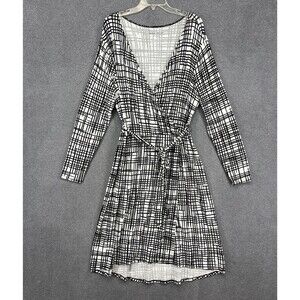 Ava & Viv Dress Womens 1X Black White Long‎ Sleeve Belted Wrap Abstract Print